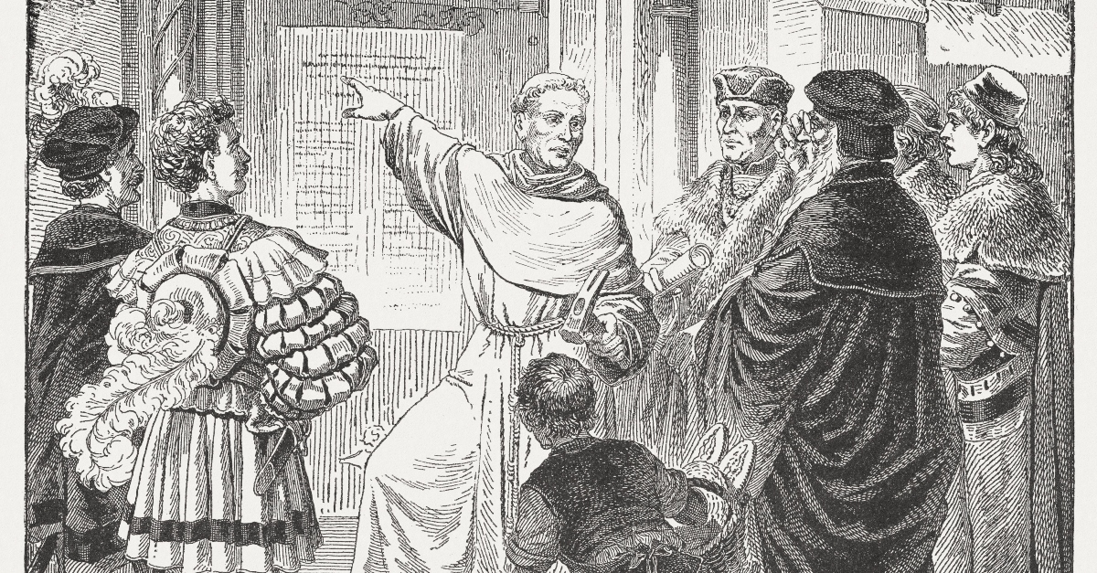 Drawing of Martin Luther with his 95 Theses